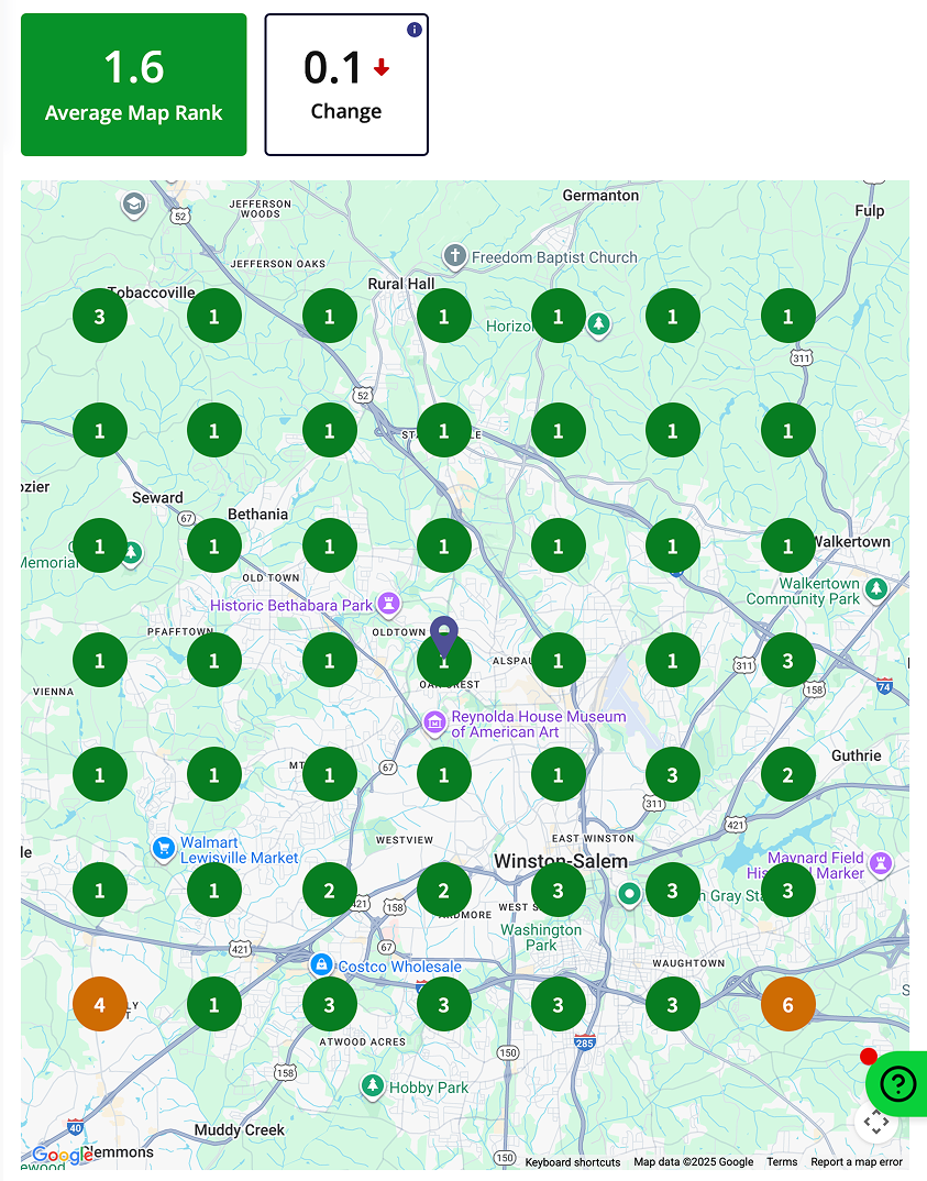 Google Map Grid report showing local SEO ranking positions across Winston-Salem, NC – Birch Stream Digital