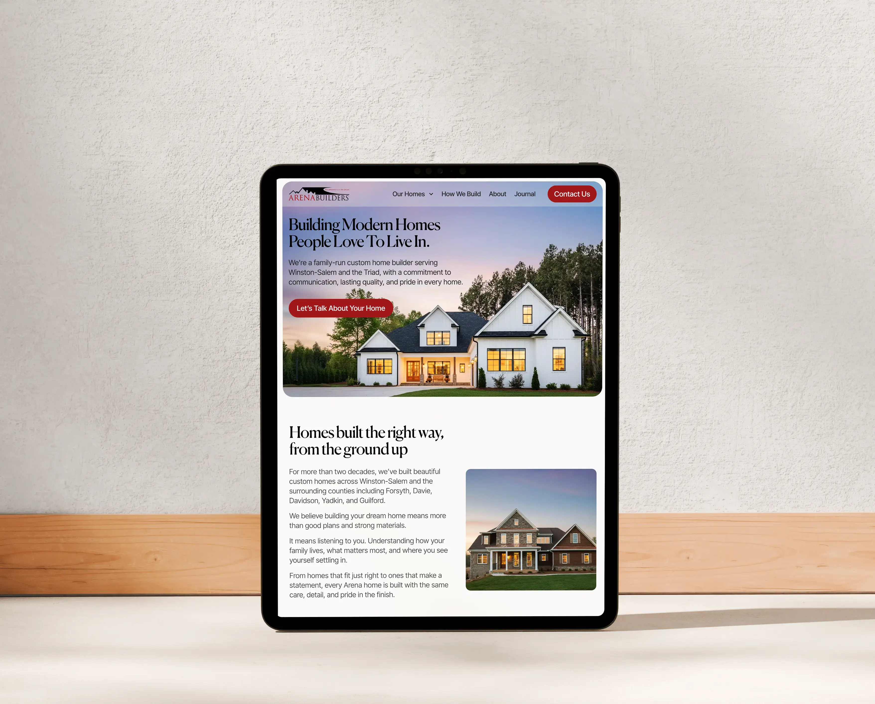 Custom home builder website displayed on a tablet in Winston-Salem, NC – Birch Stream Digital