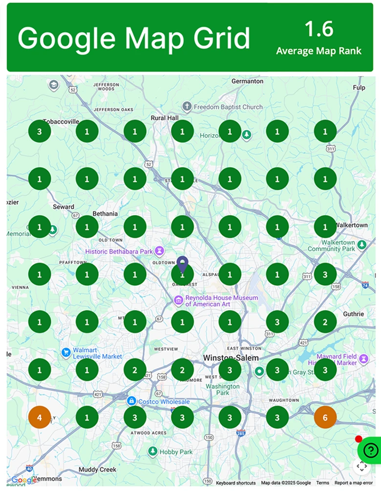 Local SEO geo-grid performance map for a Triad business in Clemmons, NC – Birch Stream Digital