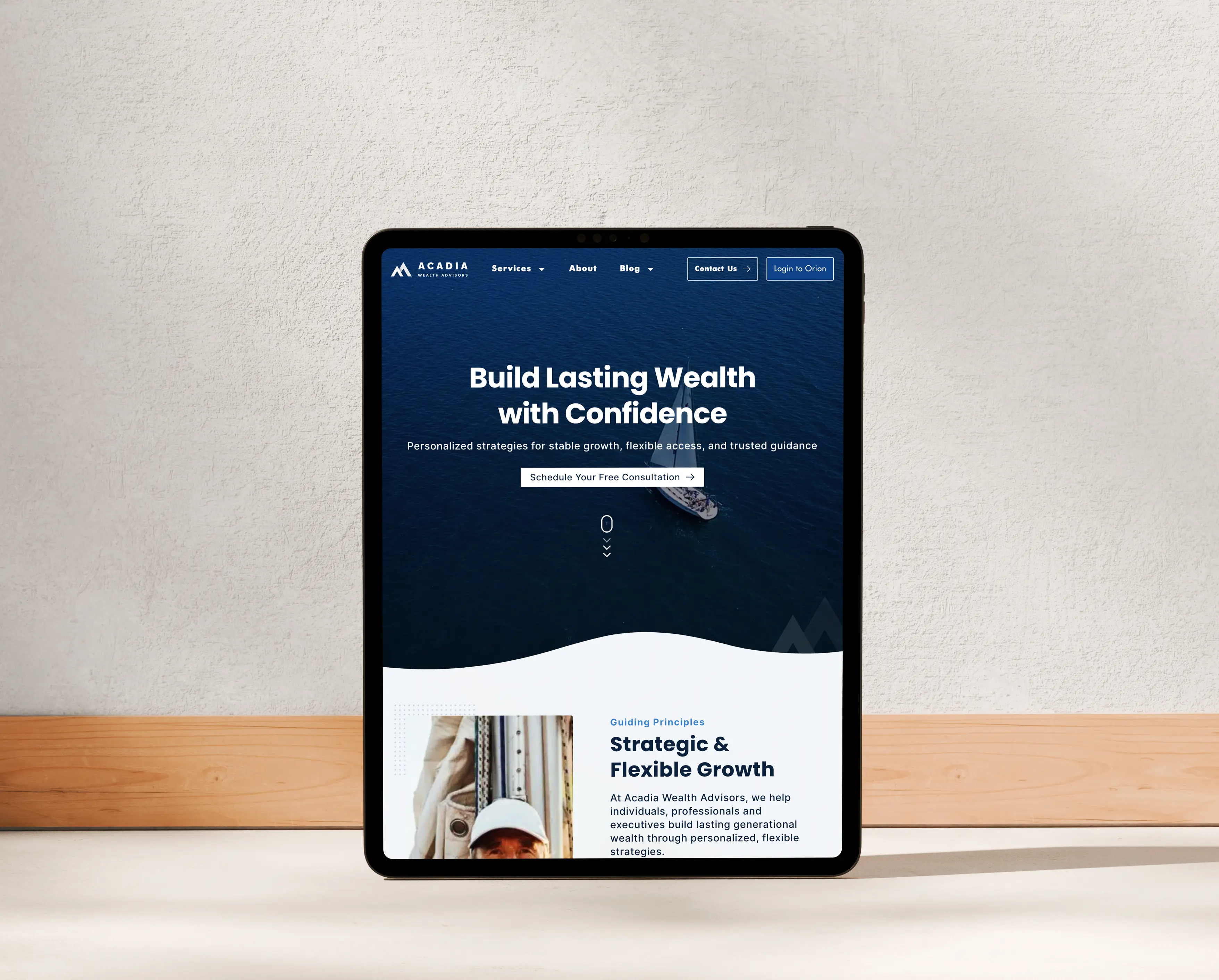 A professionally designed financial website displayed on a tablet in Winston-Salem, NC – Birch Stream Digital