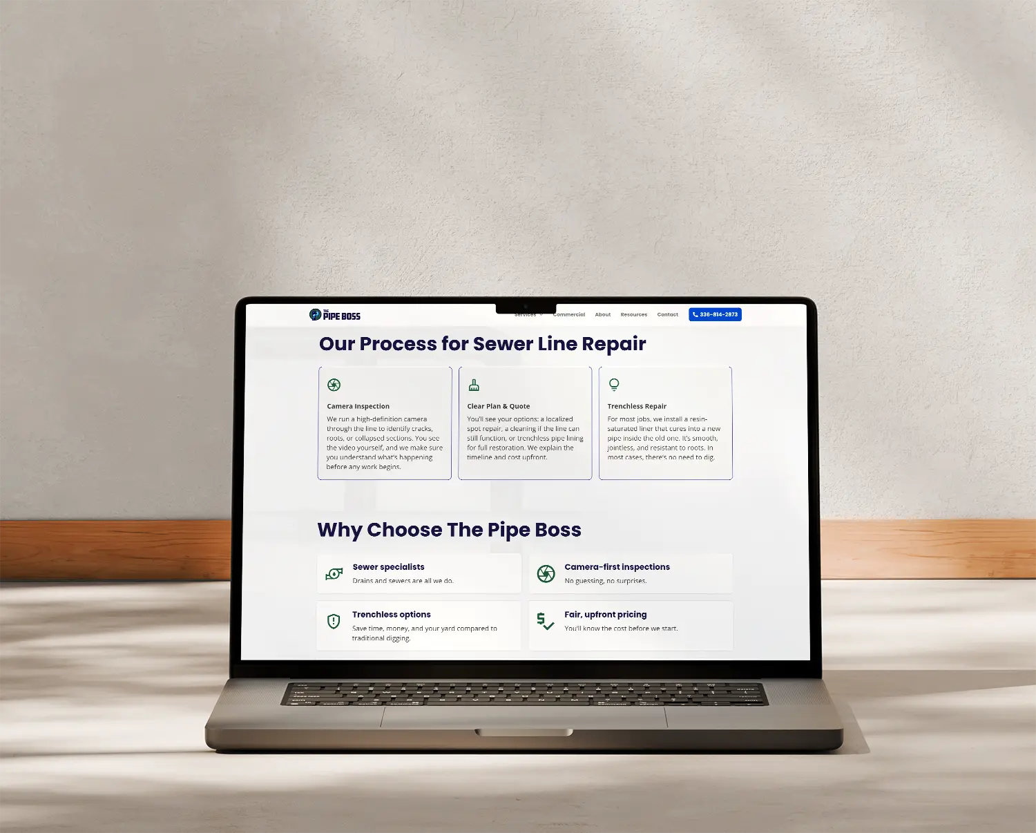 Pipe repair company website displayed on a laptop in Winston-Salem, NC – Birch Stream Digital