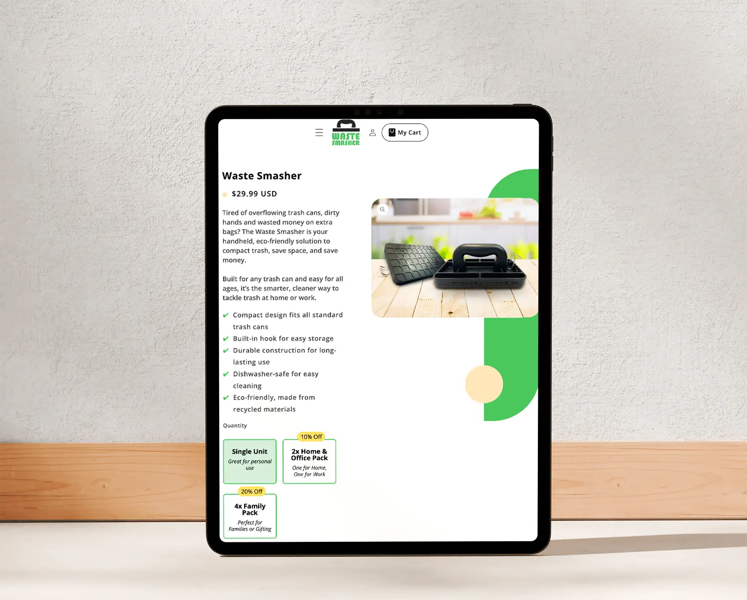 Online product listing for handheld trash compactor shown on a tablet in Lewisville, NC – Birch Stream Digital