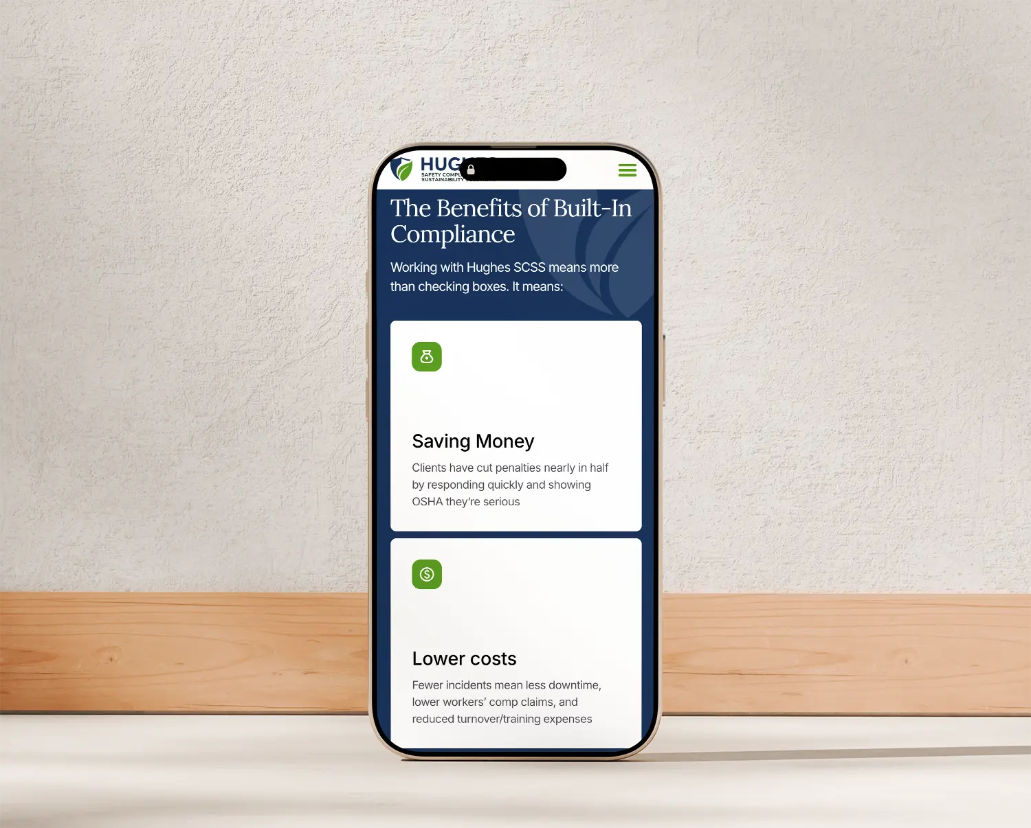 Mobile view of compliance benefits webpage displayed on a phone in Kernersville, NC – Birch Stream Digital