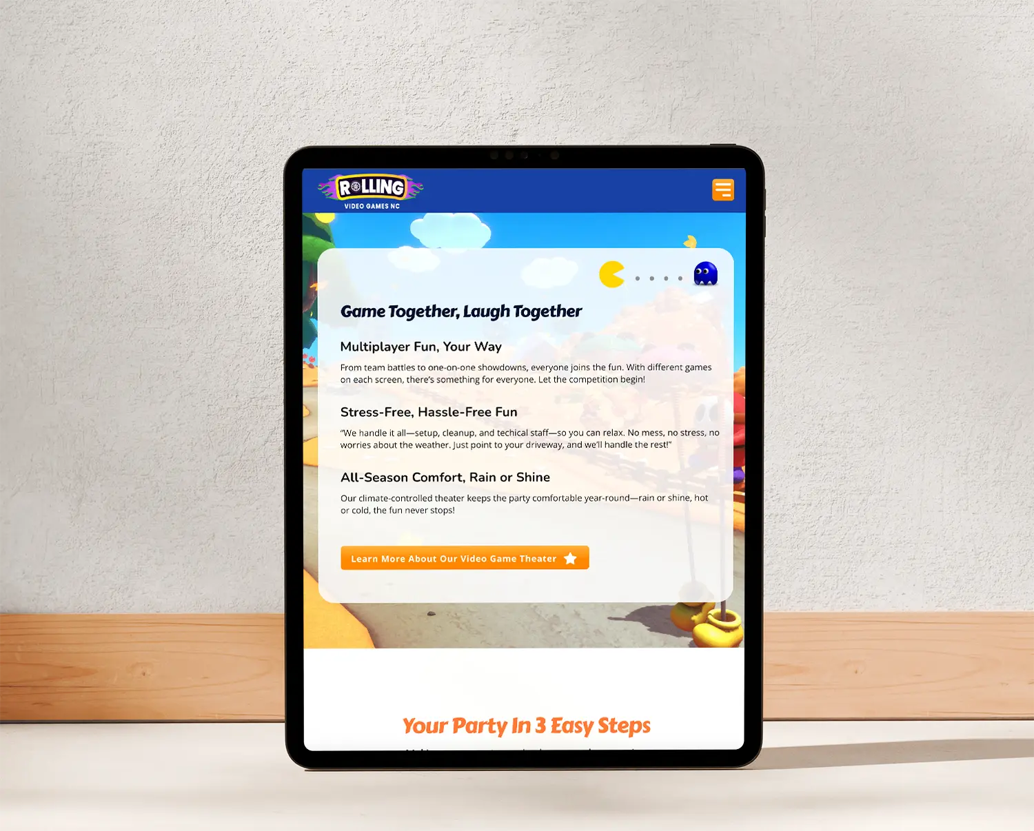 Video game party rental website displayed on a tablet in Kernersville, NC – Birch Stream Digital