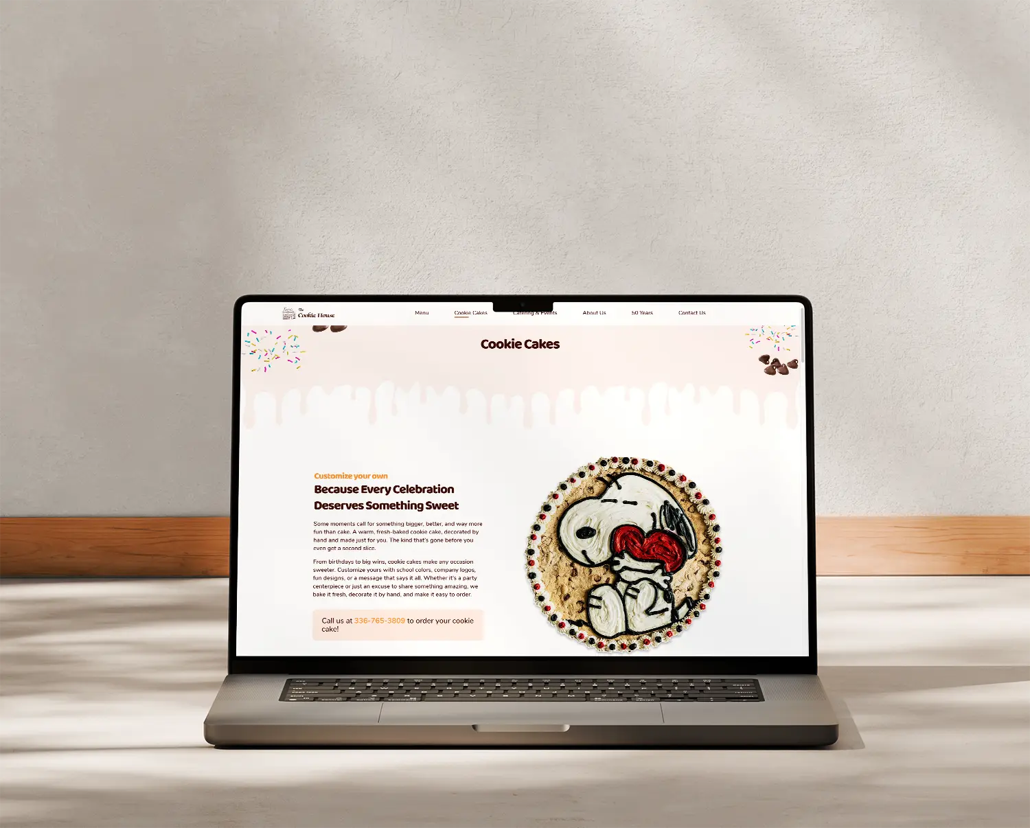 Custom cookie cake ordering page shown on a laptop in Clemmons, NC – Birch Stream Digital